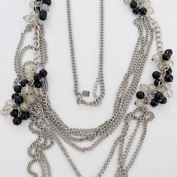 BANANA REPUBLIC SILVER TONE MULTI-STRAND BLACK RESIN BEADS 30"-33" NECKLACE NWOT - Picture 3 of 3
